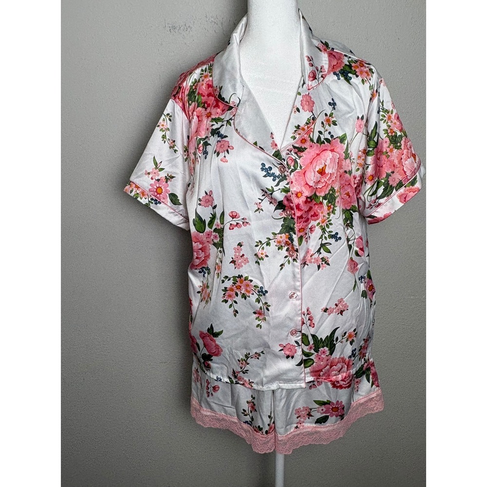 Flora Nikrooz Pink Floral Satin Pajama Set Shorts Top Lace Trim Large 1854111